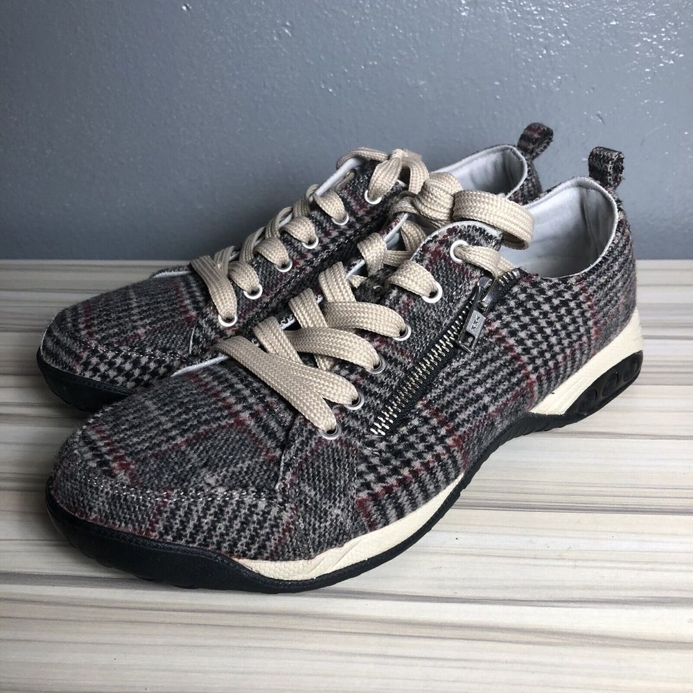 Therafit Womens Sneakers Shoes Sz 9 Comfort Lace Up Zipper Plaid Black Tan Flaw